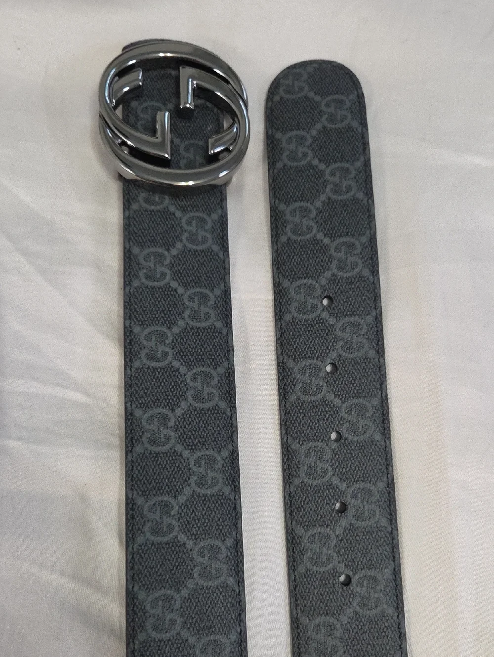 Gucci Reversible Gray Monogram GG Leather Belt with Silver Double G Buckle